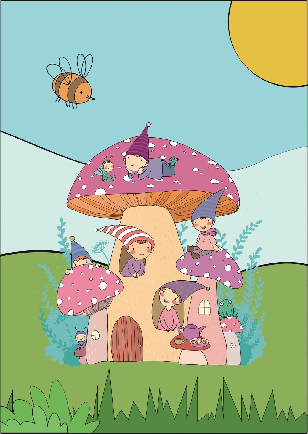 Märchenhafte Illustration eines großen Pilzhauses, in dem viele kleine Zwergenkinder wohnen – umgeben von grüner Wiese, sanften Hügeln, einer Biene und der Sonne.